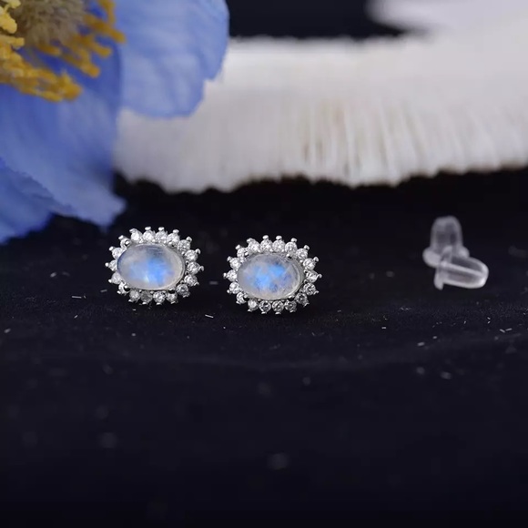 Natural Blue Flashy Moonstone Ear Studs Sterling Silver - Picture 3 of 5